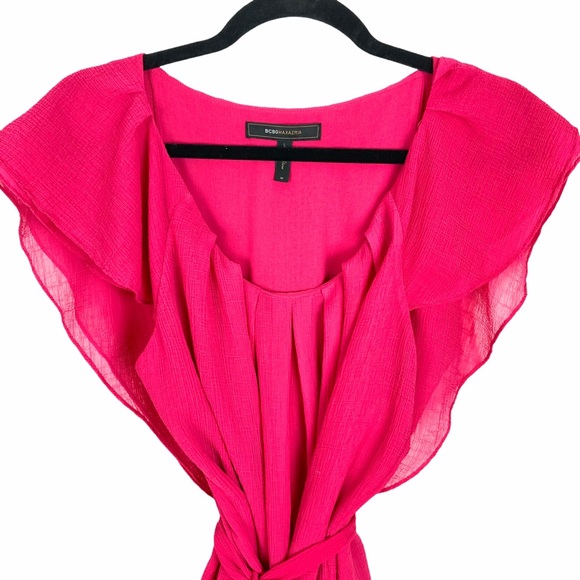 BCBGMAXAZRIA Azalea Pink Belted Ruffle Blouse, M - Picture 3 of 8